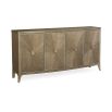 A contemporary curved credenza with an ash-inlay design 