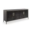 Black side board with gold accents and detailed wooden finish 