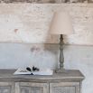 Traditional, slim, grey side lamp with cream linen shade