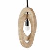 Pendant light featuring two cylindrical discs intertwined in travertine finish