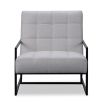 Grey chair with gently reclined backrest, padded seats and black legs