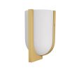 Opal swirl glass sconce cradled by brass angular framework