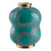 A teal curvaceous vase by Jonathan Adler with white and gold snake illustrations