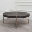 Dark walnut veneered round coffee table with brass legs