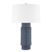 Blue ceramic side lamp with white shade and gold accents