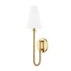 Wall sconce with gold delicate gold fixture and white linen shade