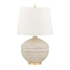 Side lamp with rope textured base and white shade, and gold accents 