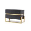 Brass legged bedside unit with brass accent in the middle and dark wood finish