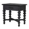 Black wooden bedside table with geometric legs