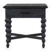 Black wooden bedside table with geometric legs