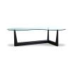 Wavy glass coffee table with three brown wooden legs