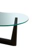 Wavy glass coffee table with three brown wooden legs