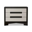 Dark brown wooden chest with grey textured faux leather panels on drawers