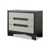 Dark brown wooden chest with grey textured faux leather panels on drawers