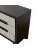 Dark brown wooden chest with grey textured faux leather panels on drawers