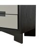 Dark brown wooden chest with grey textured faux leather panels on drawers