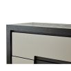 Dark brown wooden chest with grey textured faux leather panels on drawers