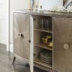 A contemporary curved credenza with an ash-inlay design 