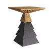 Brass top side table with engraved lines and stacked pyramid base