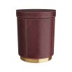 Red leather wrapped side table with white stitching and brass base