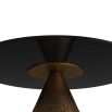 Black glass round table with protruding brass triangular base