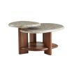 Tiered coffee table with walnut wood base with shelves wrapped in a lacquered natural eggshell.