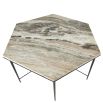 Hexagonal topped marble dining table with black metal