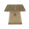 Rectangular teak dining table with two wide rattan legs and a supporting beam