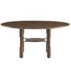 Circular wooden finish dining table with ribbed detailing and bronze finished fixings.