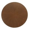 Circular wooden finish dining table with ribbed detailing and bronze finished fixings.