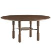 Circular wooden finish dining table with ribbed detailing and bronze finished fixings.