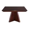 Angular art deco inspired square dining table in dark reddish wood finish