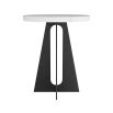 White marble side table with intersecting planes of blackened iron pedestals