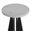 White marble side table with intersecting planes of blackened iron pedestals