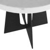 White marble side table with intersecting planes of blackened iron pedestals