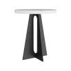 White marble side table with intersecting planes of blackened iron pedestals