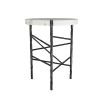 White marble side table with trio of intersecting blackened iron legs