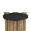 Cross-hatch style wood base with round black surface