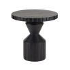 Round wooden side table with black finish and etched details