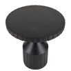 Round wooden side table with black finish and etched details