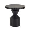 Round wooden side table with black finish and etched details