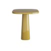 Yellow side table with thick-rimmed top and solid tapered base