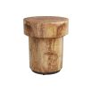 Veneered end table reminiscent of a champagne cork with iron base