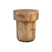 Veneered end table reminiscent of a champagne cork with iron base