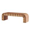 Curved wooden bench with strands of woven leather