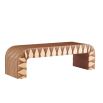 Curved wooden bench with strands of woven leather