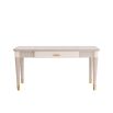 Smoke beechwood desk with tapered legs, bullnose edge and stitched ivory leather surface