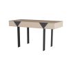 Desk encased in grey leather balancing on blade-like bronze legs