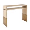 Sleek leather console table featuring antique brass cladding on legs