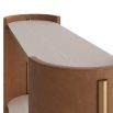 Curved console in a capsule shape with two smoke oak shelves that suspend inside arched leather-wrapped bases